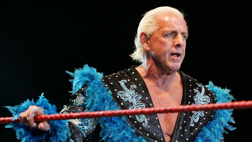 Ric Flair looks on while awaiting the entrance of Hulk Hogan during the Hulkamania Tour at the Burswood Dome in 2009