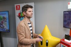 Adam Scott of Ghosted plays the Nintendo Switch in the TV Insider Studios at San Diego Comic-Con 2017