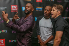Colman Domingo takes a selfie with Timeless's Malcolm Barrett and Matt Lanter in the TV Insider Studios at San Diego Comic-Con 2017