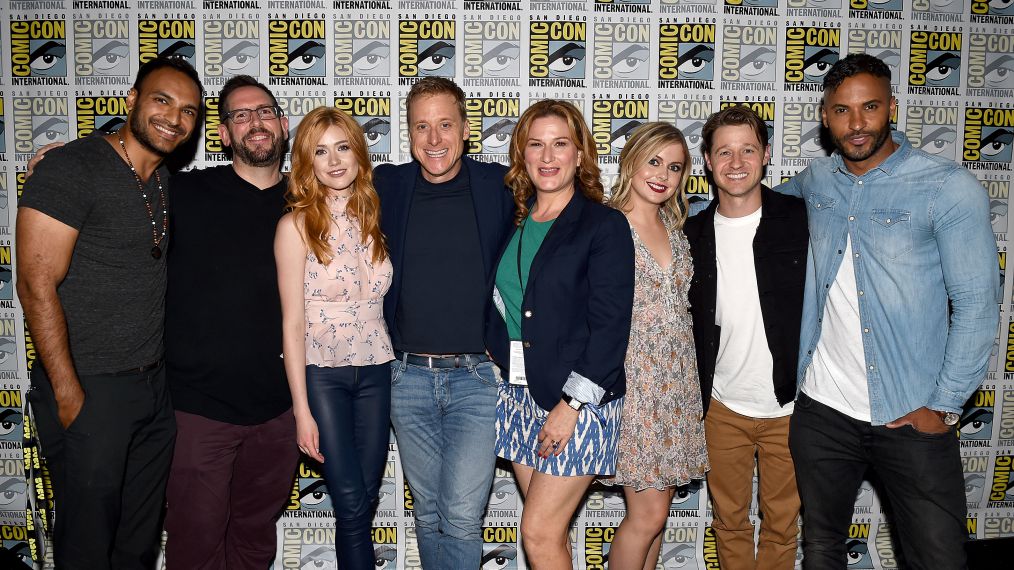 Arjun Gupta, Damian Holbrook, Katherine McNamara, Alan Tudyk, Ana Gasteyer, Rose McIver, Ben McKenzie, and Ricky White at the TV Guide Magazine 'Fan Favorites' panel during Comic-Con International 2017