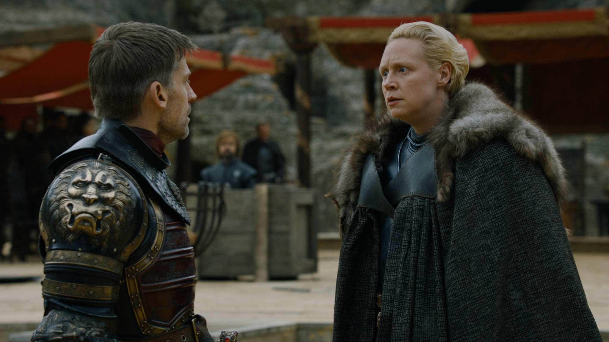 Nikolaj Coster-Waldau as Jaime Lannister and Gwendoline Christie as Brienne of Tarth in Game of Thrones