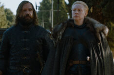 Rory McCann as Sandor 'The Hound' Clegane and Gwendoline Christie as Brienne of Tarth in Game of Thrones