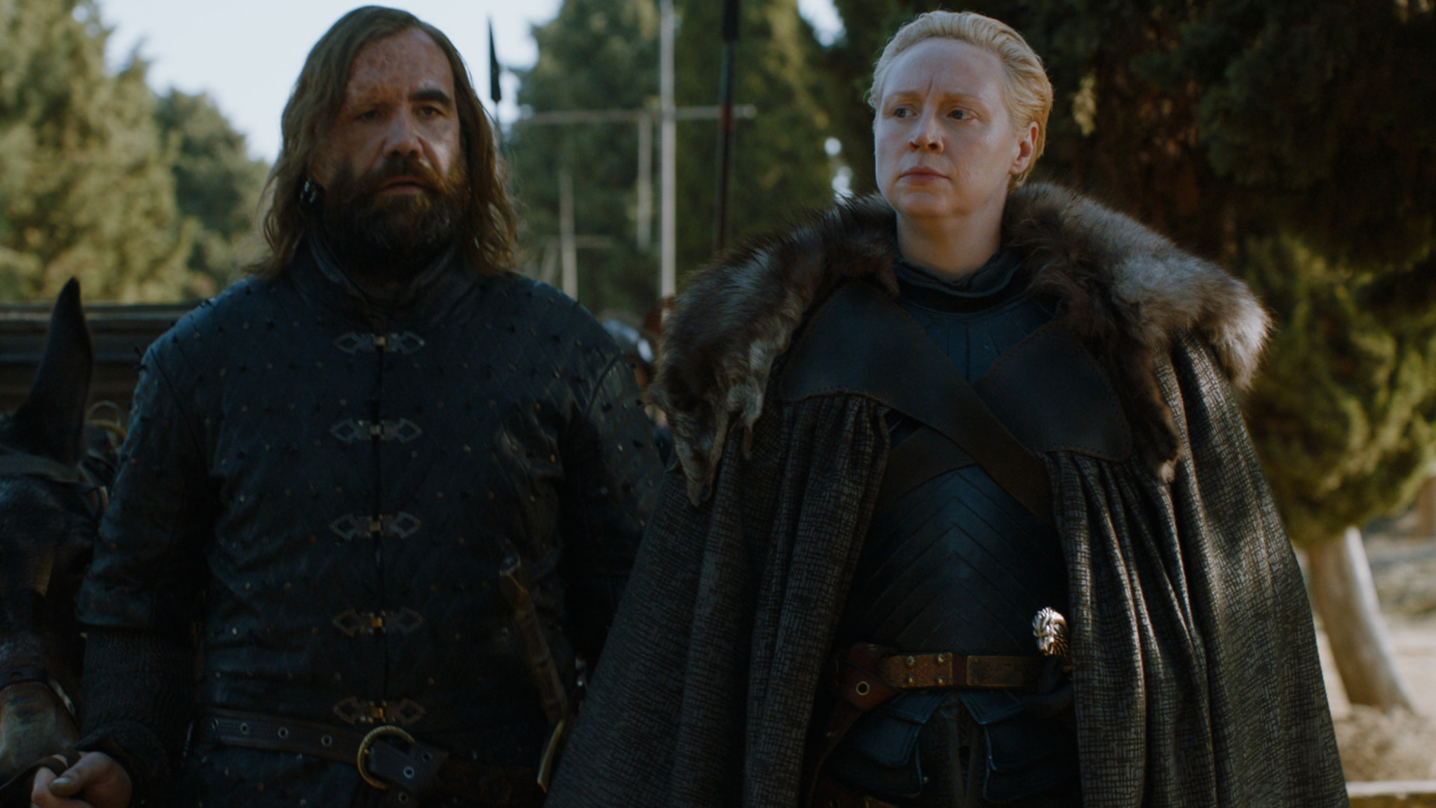 Rory McCann as Sandor 'The Hound' Clegane and Gwendoline Christie as Brienne of Tarth in Game of Thrones