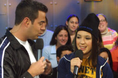 Carson Daly and Michelle Branch during MTV's TRL at the MTV studios in New York City on January 1, 2002