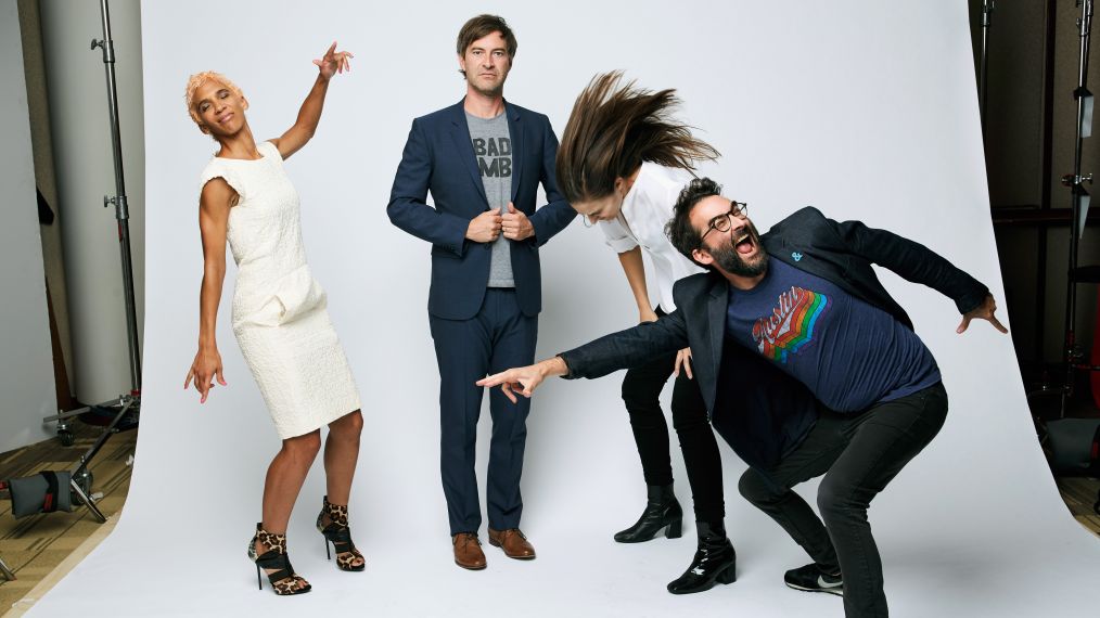 Director Marta Cunningham, creator/executive producer Mark Duplass, director Sarah Adina Smith and creator/executive producer Jay Duplass of HBO's 'Room 104' pose for a portrait during the 2017 Summer Television Critics Association Press Tour