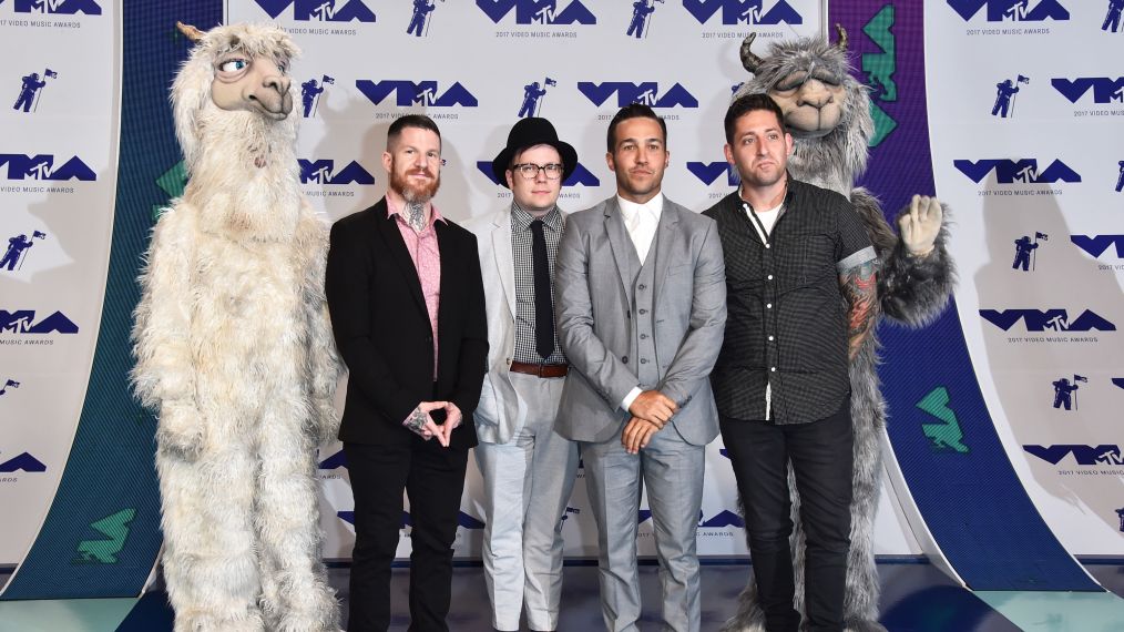 Andy Hurley, Patrick Stump, Pete Wentz and Joe Trohman of musical group Fallout Boy attend the 2017 MTV Video Music Awards