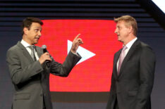 Ralph Macchio and William Zabka of 'Cobra Kai' speak onstage during the YouTube Red Originals Presentation portion of the 2017 Summer Television Critics Association Press Tour