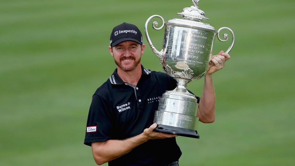 Jimmy Walker celebrates with the Wanamaker Trophy after winning the 2016 PGA Championship