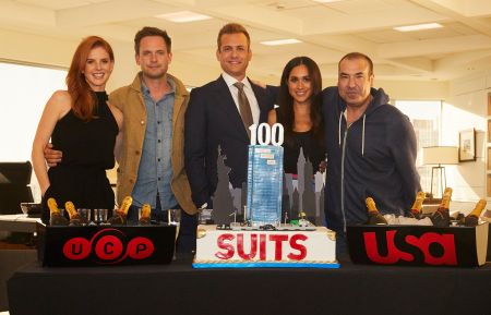 Sarah Rafferty, Patrick J. Adams, Gabriel Macht, Meghan Markle, and Rick Hoffman celebrate 100 episodes of 'Suits'