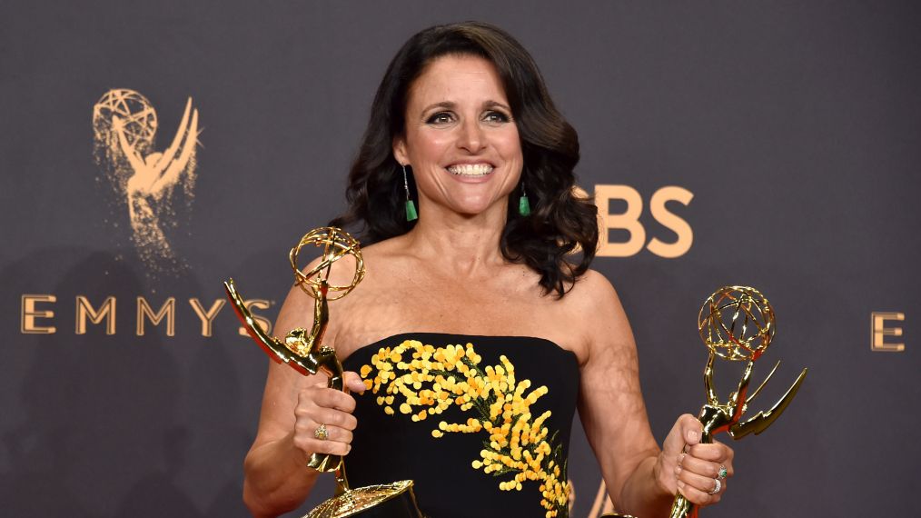 Actor Julia Louis-Dreyfus, winner of the award for Outstanding Comedy Actress for 'Veep,' poses in the press room during the 69th Annual Primetime Emmy Awards