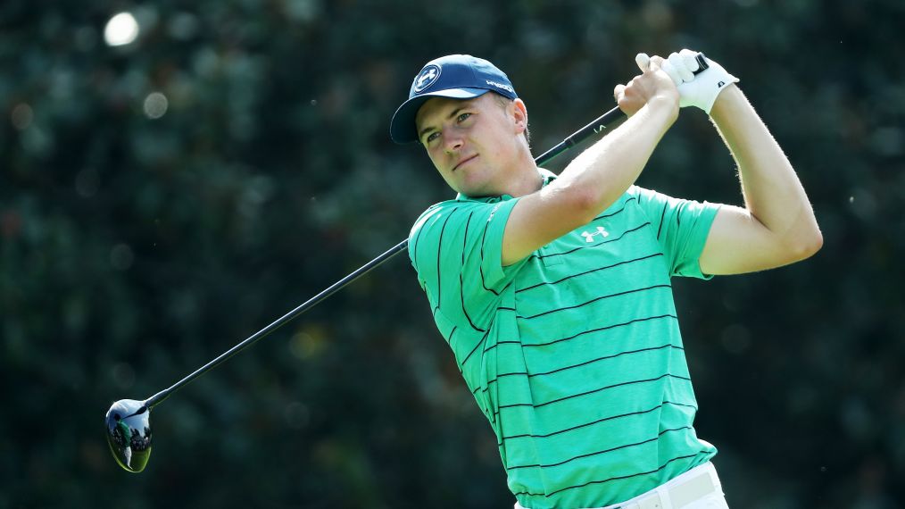 Jordan Spieth of the United States plays his shot from the 14th tee during the second round of the TOUR Championship at East Lake Golf Club on September 22, 2017 in Atlanta, Georgia