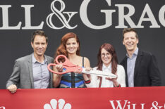 Eric McCormack, Debra Messing, Megan Mullally, Sean Hayes at the ribbon cutting on the first day of production of Will & Grace - Season 1