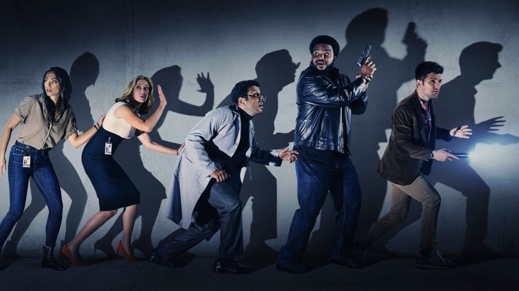 Amber Stevens West, Ally Walker, Adeel Akhtar, Craig Robinson, and Adam Scott as the Scooby gang in Ghosted