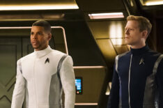 Doug Jones as Lieutenant Saru, Wilson Cruz as Dr. Hugh Culber, and Anthony Rapp as Lieutenant Paul Stamets in Star Trek: Discovery