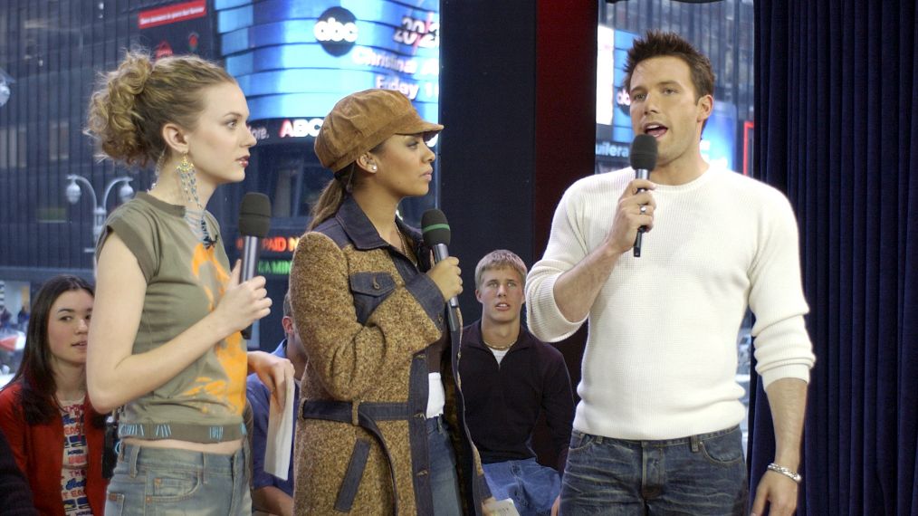 Ben Affleck appears with VJ's Hilarie Burton and La La on MTV's 'TRL' at the MTV Times Square Studios in February 2003