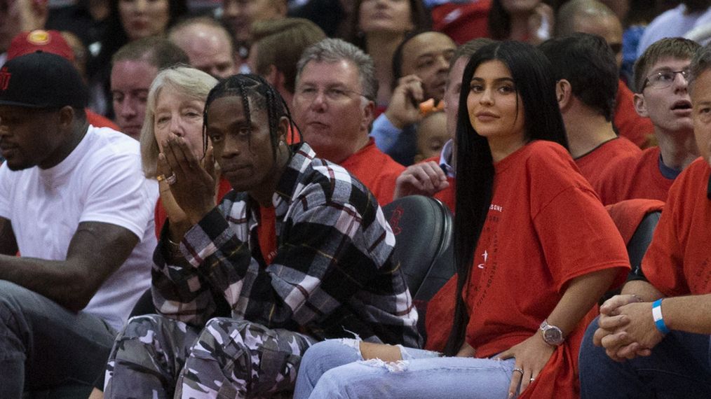 Houston rapper Travis Scott and Kylie Jenner watch courtside during Game Five of the Western Conference Quarterfinals game of the 2017 NBA Playoffs