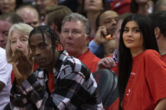 Houston rapper Travis Scott and Kylie Jenner watch courtside during Game Five of the Western Conference Quarterfinals game of the 2017 NBA Playoffs