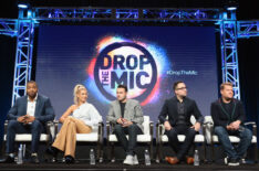 Host Method Man, host Hailey Baldwin, executive producer Ben Winston, executive producer Jensen Karp and executive producer James Corden of 'TBS Drop the Mic' at 2017 Summer TCA Tour
