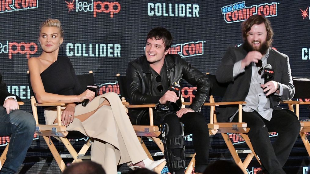 Eliza Coupe, Josh Hutcherson, and Haley Joel Osment participate in Hulu's Future Man panel at New York Comic Con