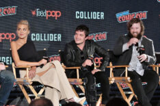 Eliza Coupe, Josh Hutcherson, and Haley Joel Osment participate in Hulu's Future Man panel at New York Comic Con