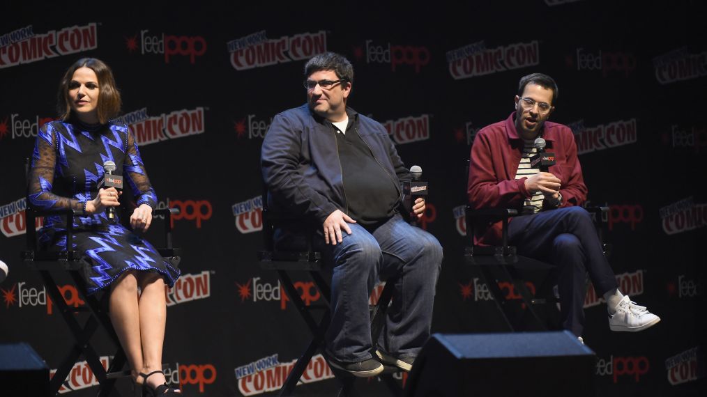 Lana Parrilla, creator/executive producers Adam Horowitz and Edward Kitsis speak onstage during ABC's Once Upon a Time panel during 2017 New York Comic Con