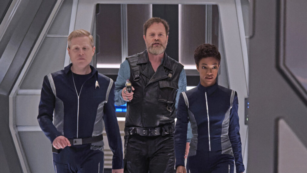 Anthony Rapp as Lieutenant Paul Stamets; Rainn Wilson as Harry Mudd; Sonequa Martin-Green as First Officer Michael Burnham on 'Star Trek: Discover'