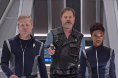 Anthony Rapp as Lieutenant Paul Stamets; Rainn Wilson as Harry Mudd; Sonequa Martin-Green as First Officer Michael Burnham on 'Star Trek: Discover'