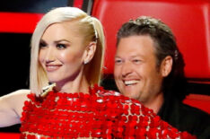 Gwen Stefani and Blake Shelton on the set of The Voice