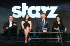 Executive Producer Ronald D. Moore, actors Caitrona Balfe and Sam Heughan and author Diana Gabaldon speak onstage during the Outlander panel as part of the Starz portion of This is Cable 2016 Television Critics Association Winter Tour