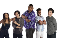 Nickelodeon’s Rise of the Teenage Mutant Ninja Turtles voice cast: Kat Graham (April O’Neil), Josh Brener (Donatello), Omar Miller (Raphael), Brandon Mychal Smith (Michelangelo), and Ben Schwartz (Leonardo)