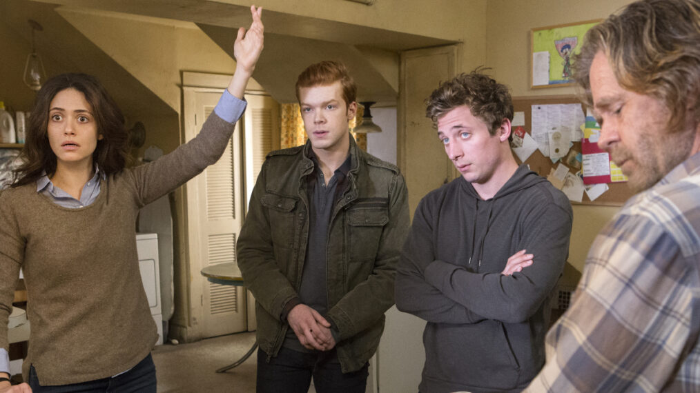 Emmy Rossum as Fiona Gallagher, Cameron Monaghan as Ian Gallagher, Jeremy Allen White as Lip Gallagher and William H. Macy as Frank Gallagher in Shameless