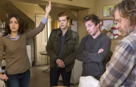 Emmy Rossum as Fiona Gallagher, Cameron Monaghan as Ian Gallagher, Jeremy Allen White as Lip Gallagher and William H. Macy as Frank Gallagher in Shameless