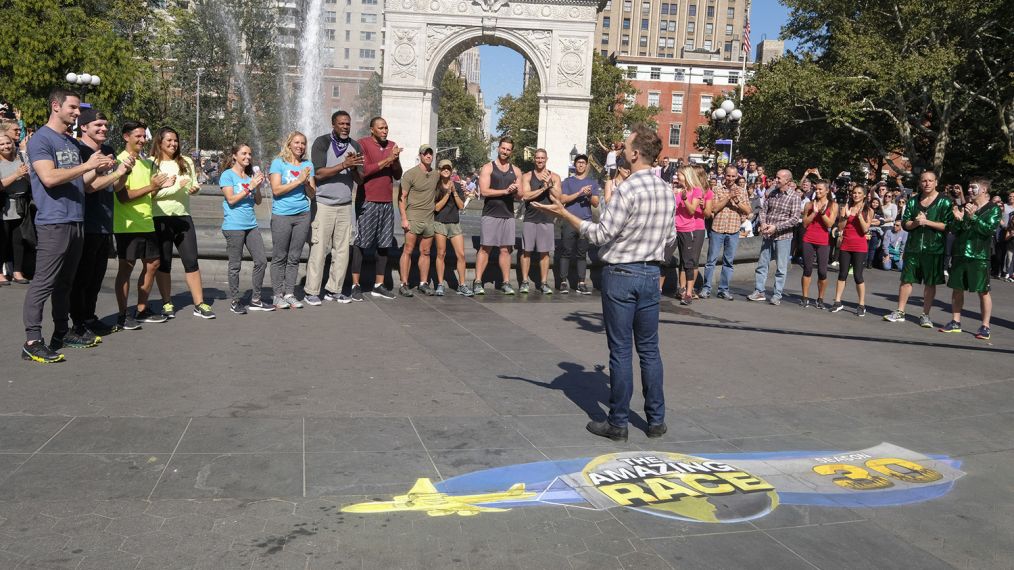 Host Phil Keoghan (center) stands in iconic Washington Square Park in New York City to welcome 11 new teams at the start of the 30th season of THE AMAZING RACE, premiering Wednesday, Jan. 3 on the CBS Television Network. Pictured L-R: Alexander Rossi and Conor Daly, Lucas Bocanegra and Brittany Austin, April Gould and Sarah Williams, Cedric Ceballos and Shawn Marion, Cody Nickson and Jessica Graf, Trevor Wadleigh and Chris Marchant, Henry Zhang and Evan Lynyak, Host Phil Keoghan, Kristi Leskinen and Jen Hudak, Kayla Fitzgerald and Dessie Mitcheson, Daniel and Eric Guiffreda, Dessie Mitcheson and Kayla Fitzgerald, Joey Chestnut and Tim Janus Photo: Timothy Kuratek/CBS ©2017 CBS Broadcasting, Inc. All Rights Reserved