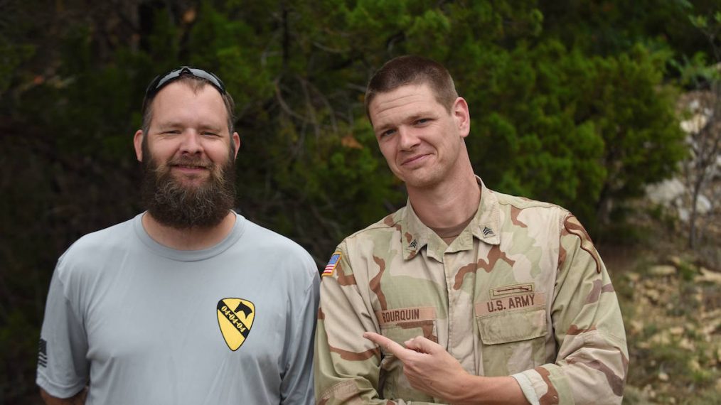 Eric Bourquin and Jon Beavers on set of The Long Road Home at U.S. Military post, Fort Hood, Killeen, Texas