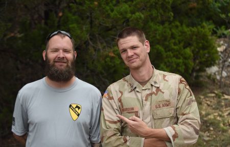 Eric Bourquin and Jon Beavers on set of The Long Road Home at U.S. Military post, Fort Hood, Killeen, Texas