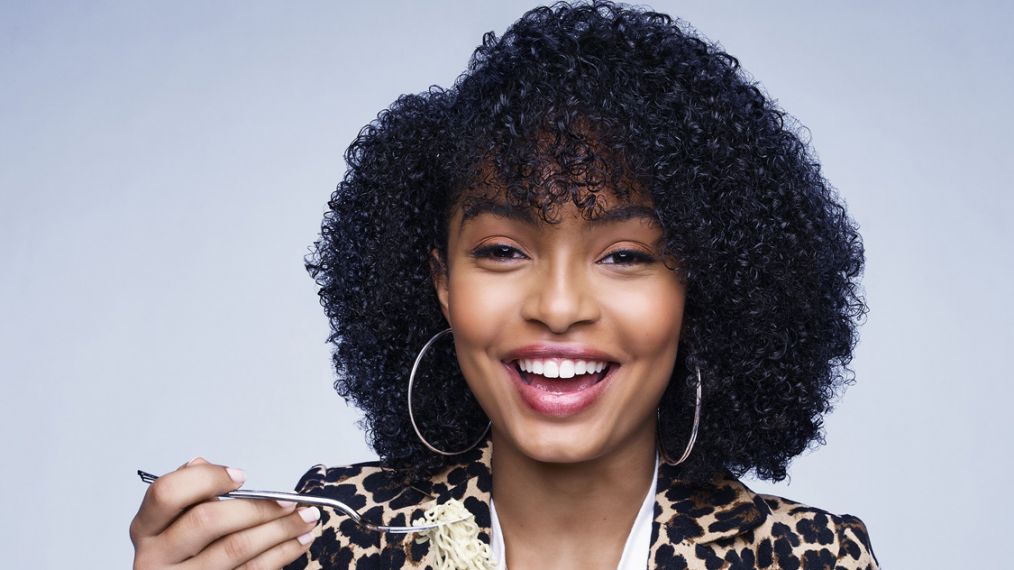 Yara Shahidi as Zoey Johnson eating ramen noodles in Grown-ish