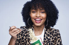 Yara Shahidi as Zoey Johnson eating ramen noodles in Grown-ish