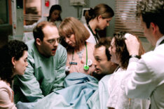 ER- Julianna Margulies as Nurse Carol Hathaway, Anthony Edwards as Dr. Mark Greene, Ellen Crawford as Nurse Lydia Wright, and Sherry Stringfield as Dr. Susan Lewis with the assistance of father (Bradley Whitford) help deliver mother's (Colleen Flynn) baby, and Noah Wyle as medical student Dr. John Carter