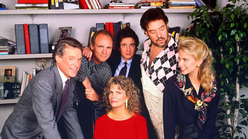 The cast of 'Murphy Brown' pose together in 1988: Charles Kimbrough, Joe Regalbuto, Candice Bergen, Grant Shaud, Robert Pastorelli and Faith Ford