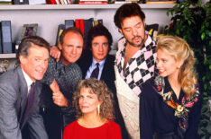 The cast of 'Murphy Brown' pose together in 1988: Charles Kimbrough, Joe Regalbuto, Candice Bergen, Grant Shaud, Robert Pastorelli and Faith Ford