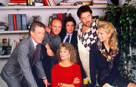 The cast of 'Murphy Brown' pose together in 1988: Charles Kimbrough, Joe Regalbuto, Candice Bergen, Grant Shaud, Robert Pastorelli and Faith Ford