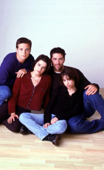 The cast of Party of Five - Scott Wolf, Neve Campbell, Matthew Fox, and Lacey Chabert