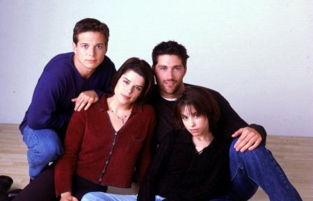 The cast of Party of Five - Scott Wolf, Neve Campbell, Matthew Fox, and Lacey Chabert