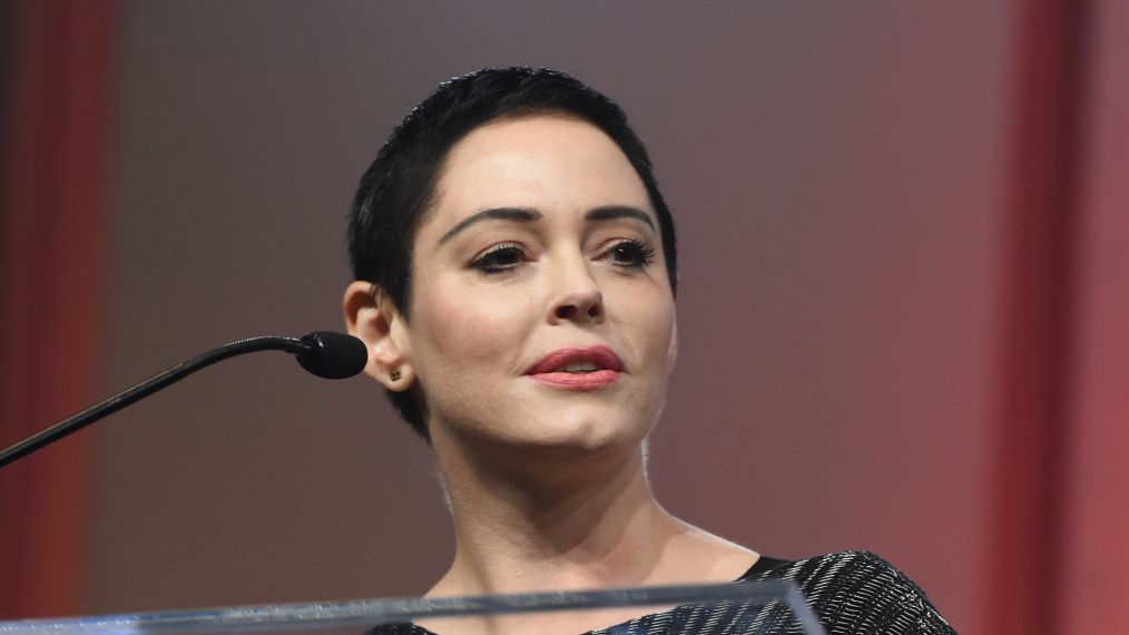 Rose McGowan speaks on stage at The Women's Convention in October 2017