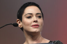 Rose McGowan speaks on stage at The Women's Convention in October 2017