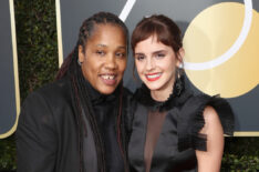 Marai Larasi and Emma Watson attends The 75th Annual Golden Globe Awards