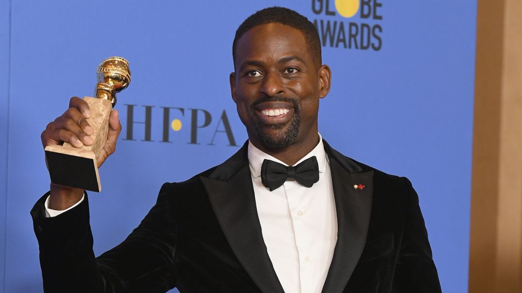 Sterling K. Brown holds his award for Best Performance by an Actor In A Television Series Drama in 'This Is Us' in the press room during The 75th Annual Golden Globe Awards