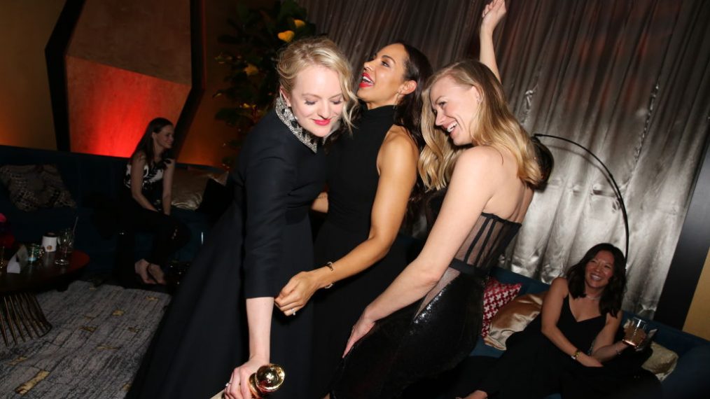 Elisabeth Moss, Amanda Brugel, and Yvonne Strahovski attend Hulu's 2018 Golden Globes After Party