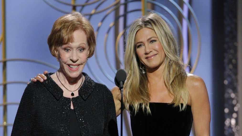 Carol Burnett and Jennifer Aniston onstage during the 75th Annual Golden Globe Awards