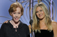 Carol Burnett and Jennifer Aniston onstage during the 75th Annual Golden Globe Awards